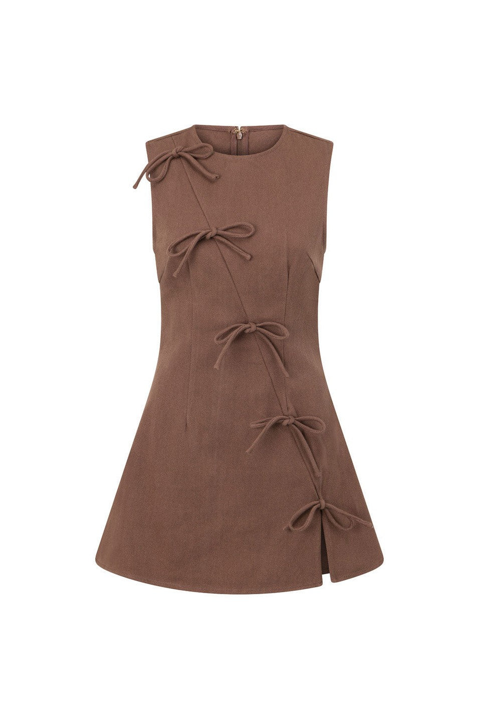 Brown mini dress with an A-line skirt, back view