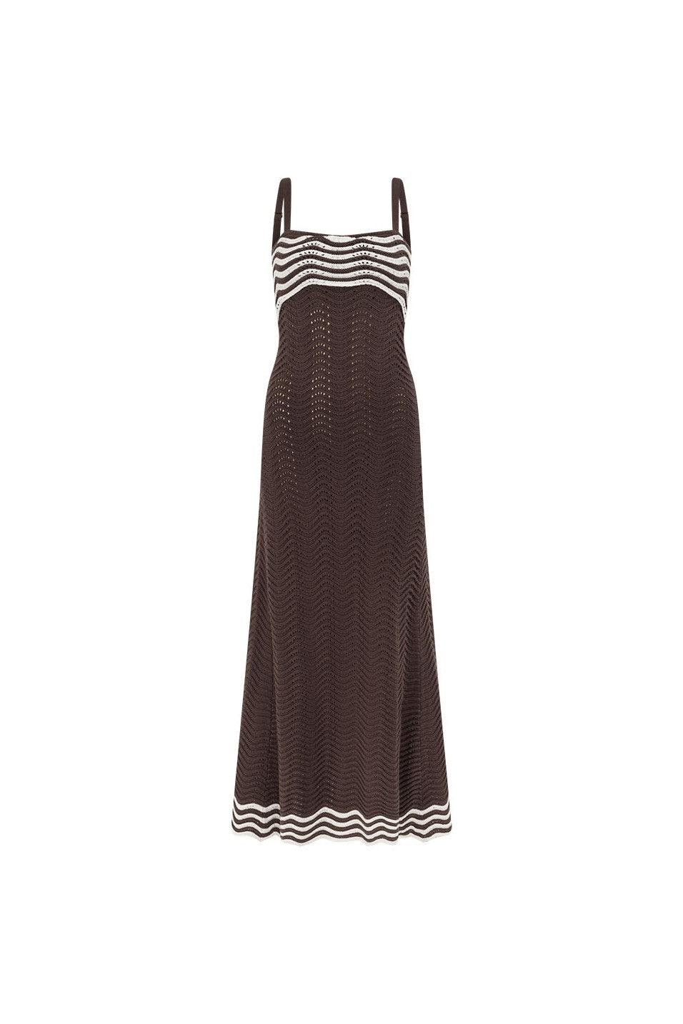 Brown maxi dress with a round neckline, side view