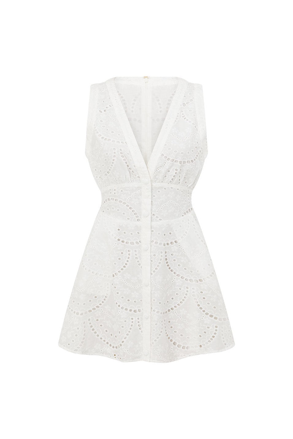 White mini dress with a plunging V neckline, back view
