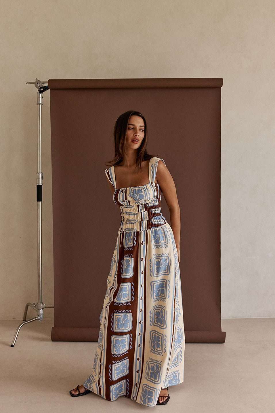 Cream maxi dress, side view