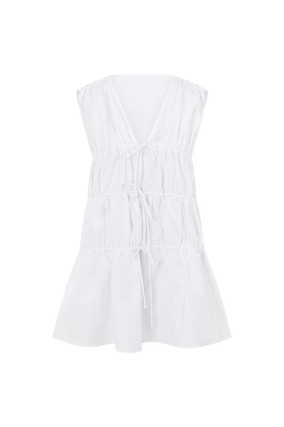 White mini dress with a V neckline, side view