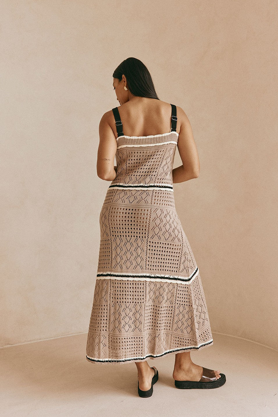 Brown maxi dress with an A-line skirt, front view