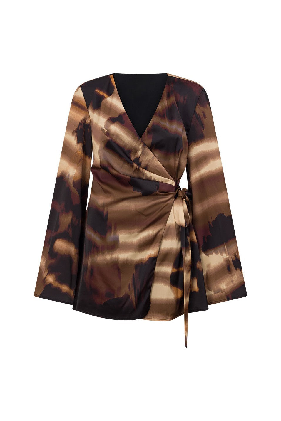 Brown mini dress with a wrap silhouette, side view