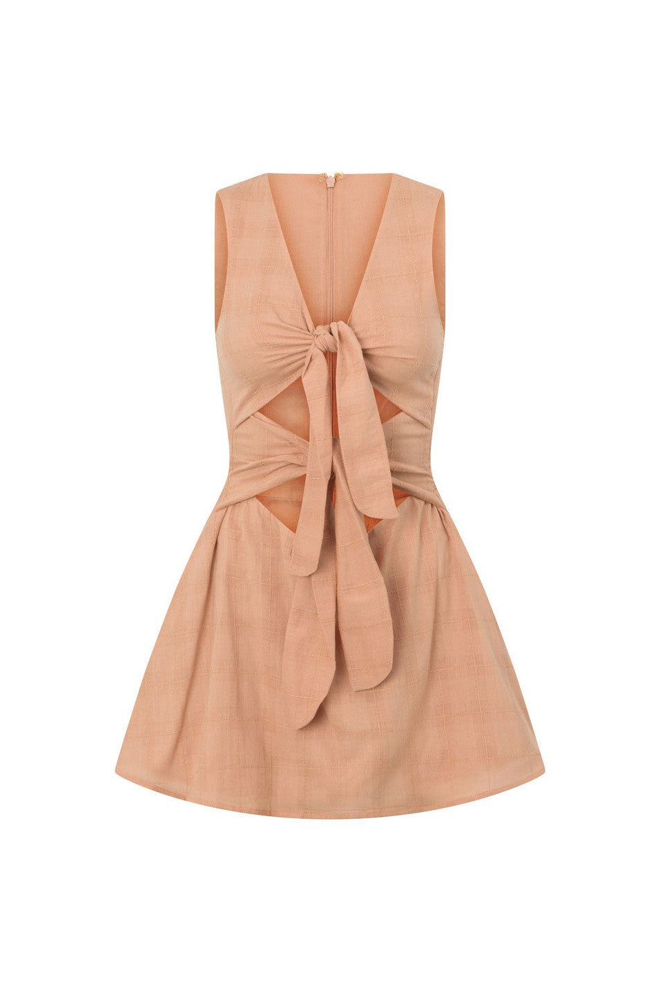 Orange mini dress with a V neckline, front view