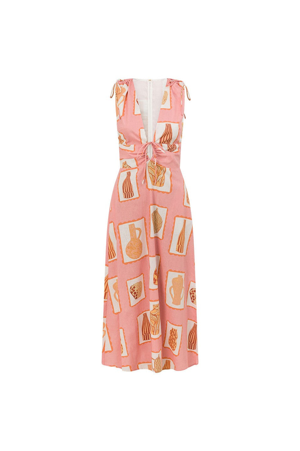 Pink midi dress with a V neckline, detail view