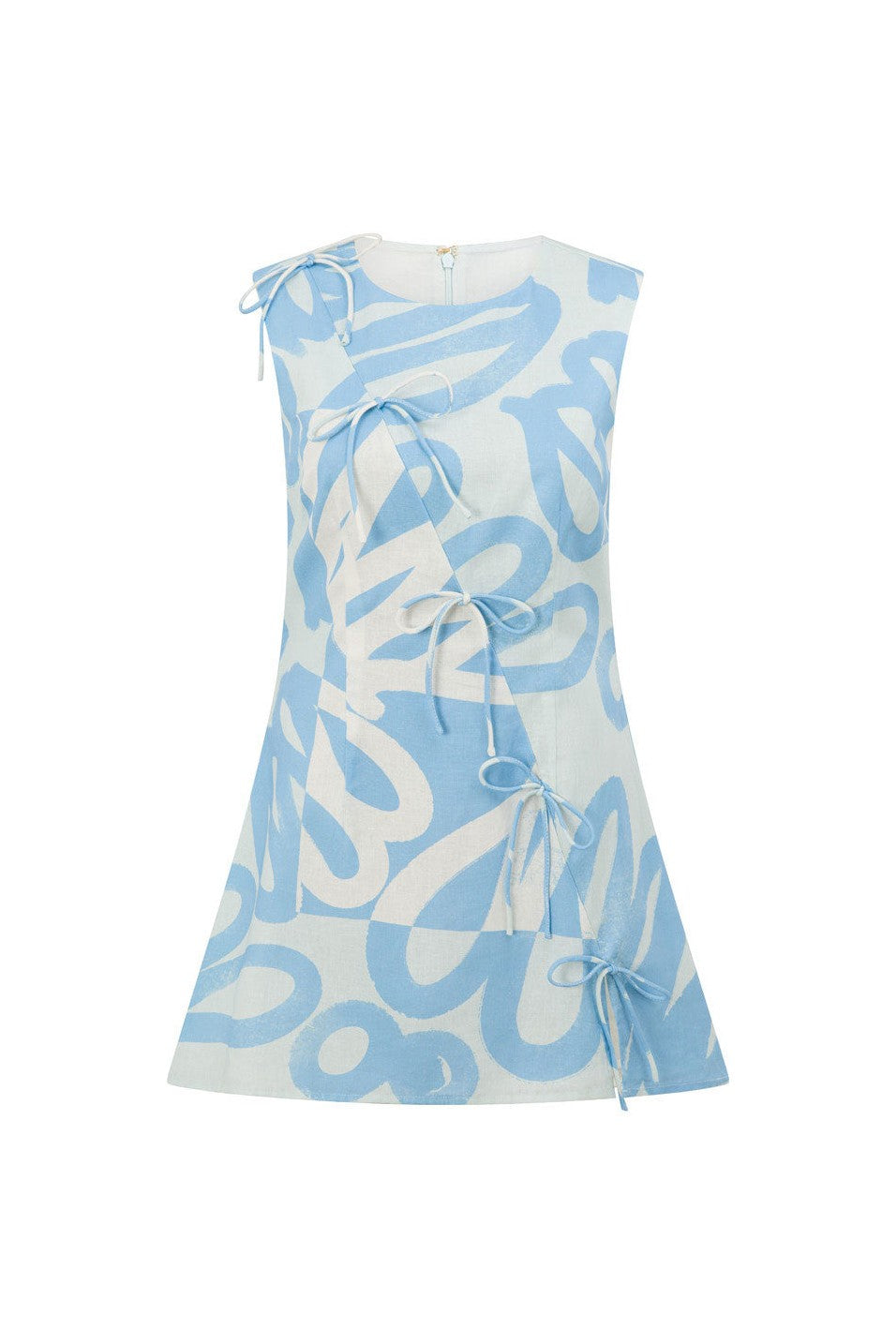 Blue mini dress with a round neckline, back view