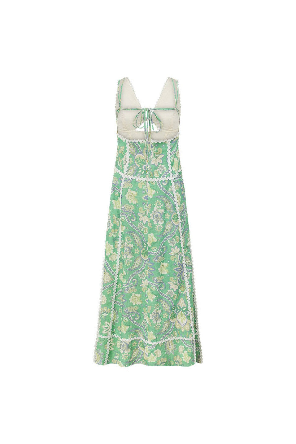 Green maxi dress with an open back, styled on model