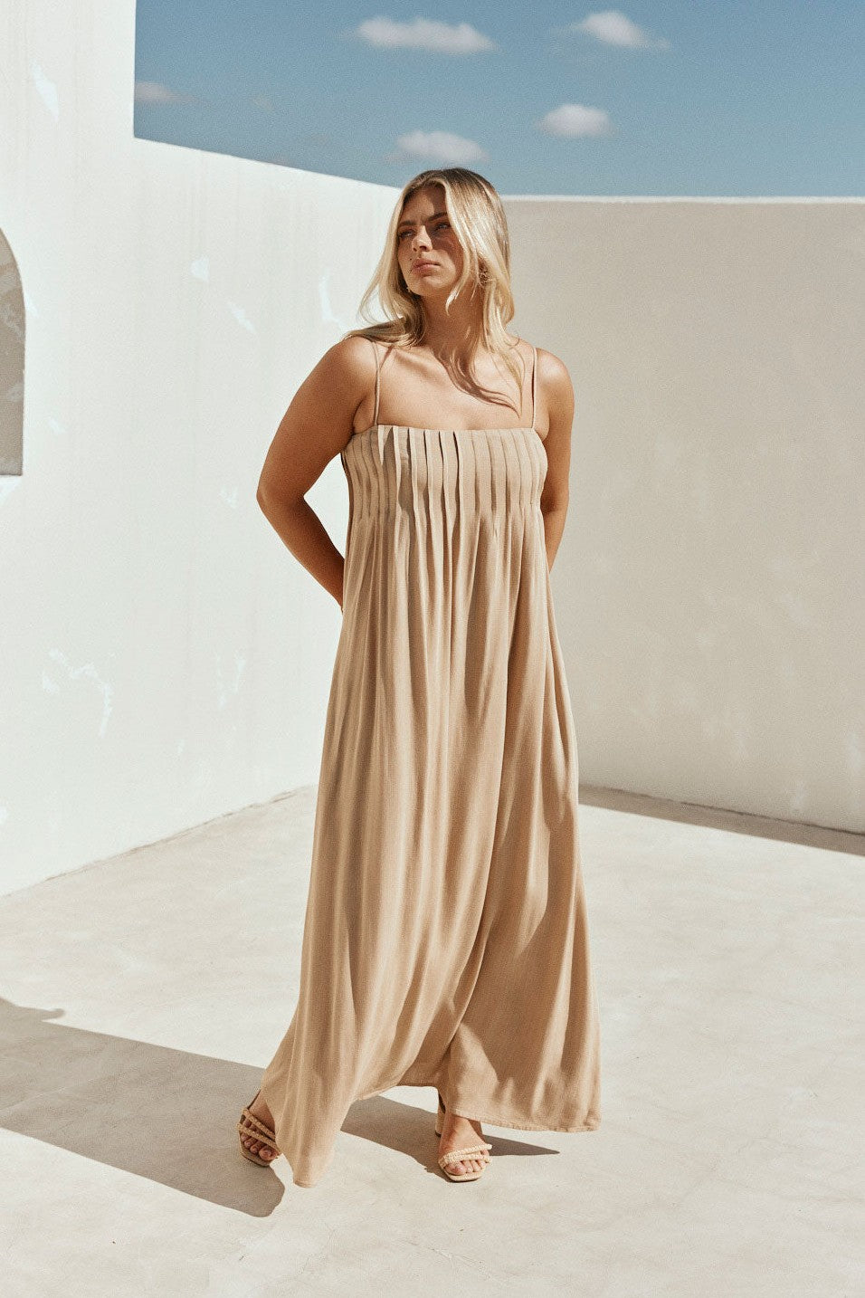 Tan maxi dress, detail view