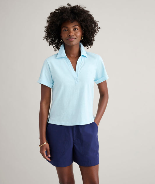 aqua textured knit polo, front view