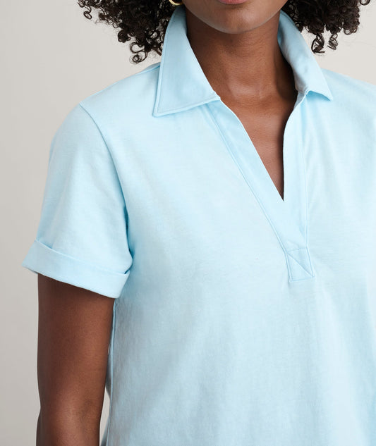 aqua textured knit polo, side view