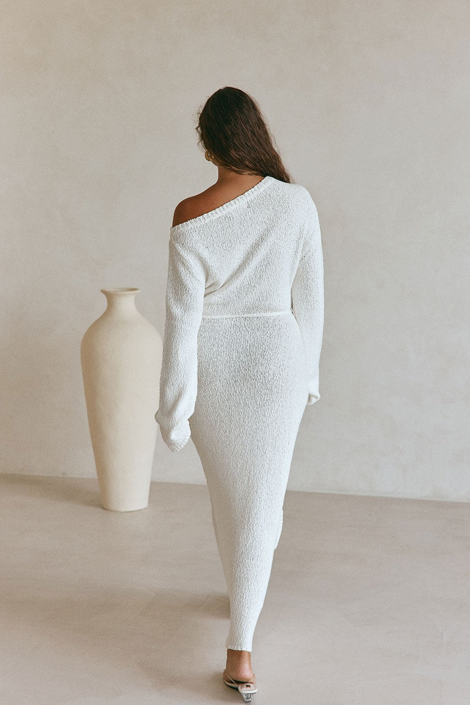 White maxi dress with an A-line skirt, front view