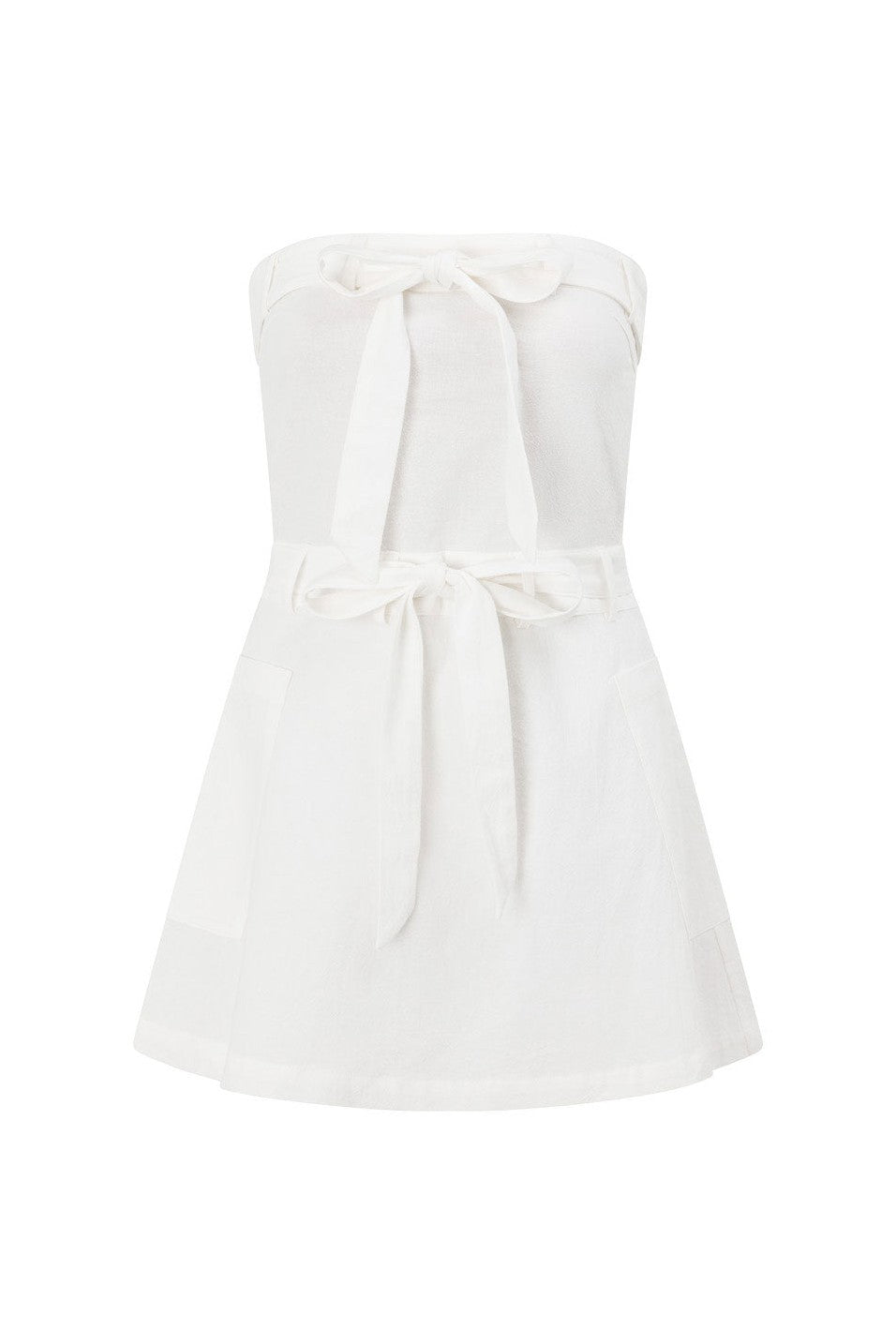 White mini dress with a strapless neckline, front view
