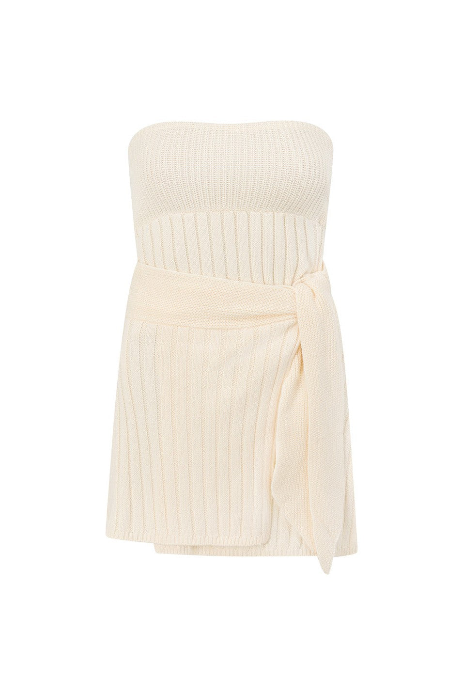 Cream mini dress with a strapless neckline, back view