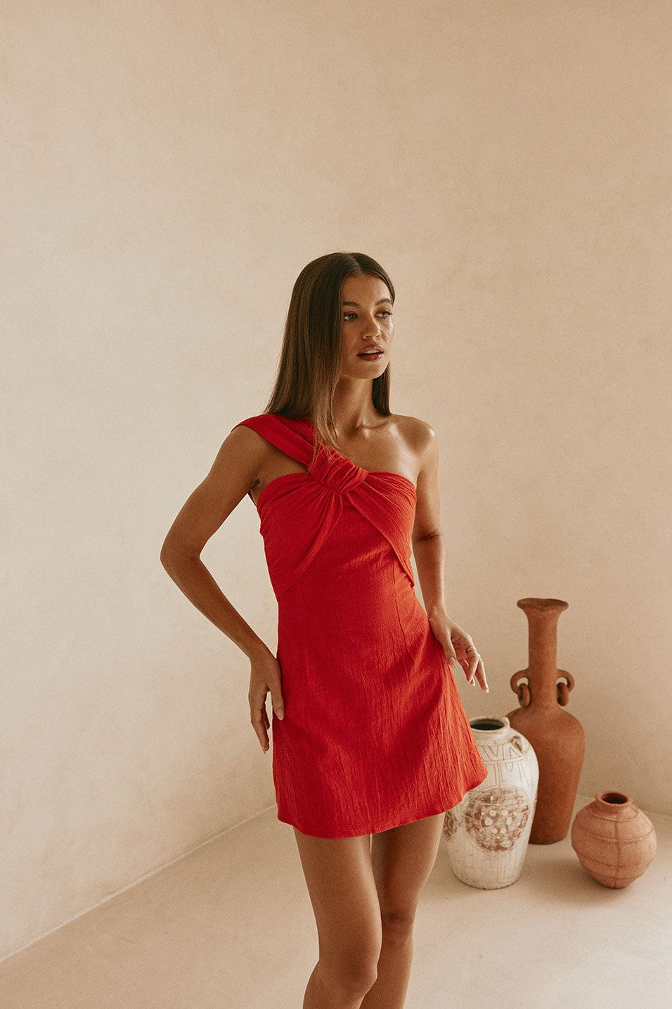 Red mini dress, side view