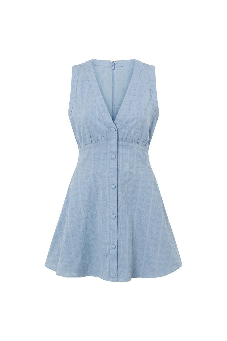 Blue mini dress with a plunging V neckline, detail view