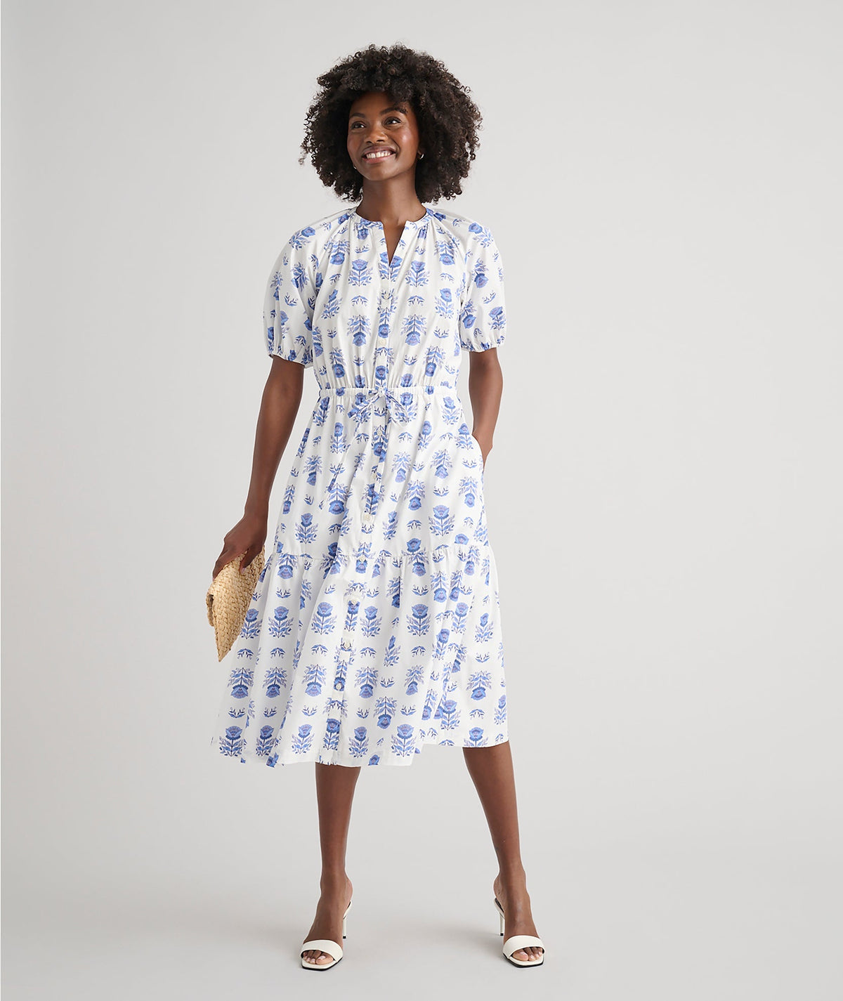 blue and white floral midi dress, front view