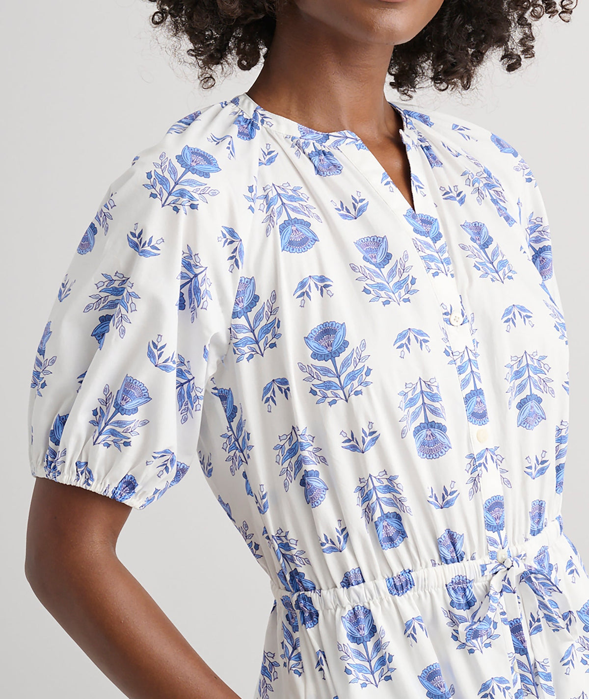 blue and white floral midi dress, side view