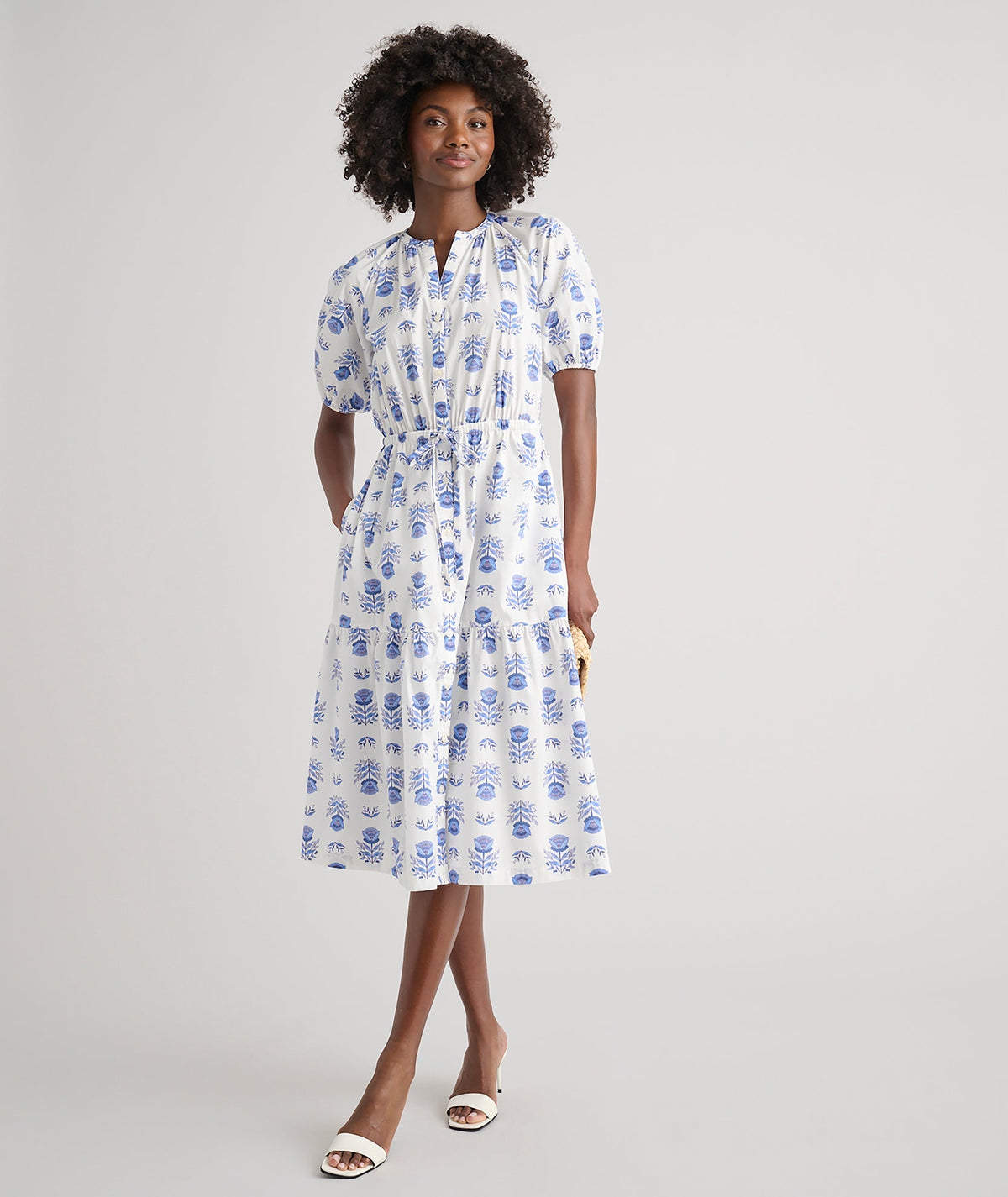 blue and white floral midi dress, detail view