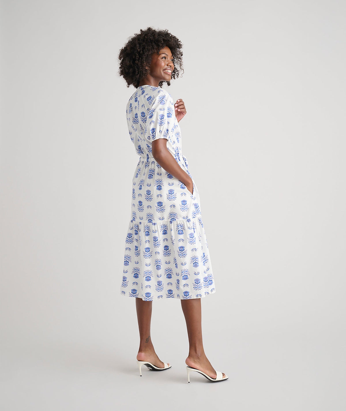 blue and white floral midi dress, back view