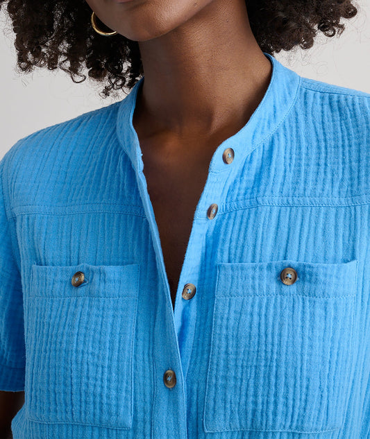 blue crinkle cotton dress, side view