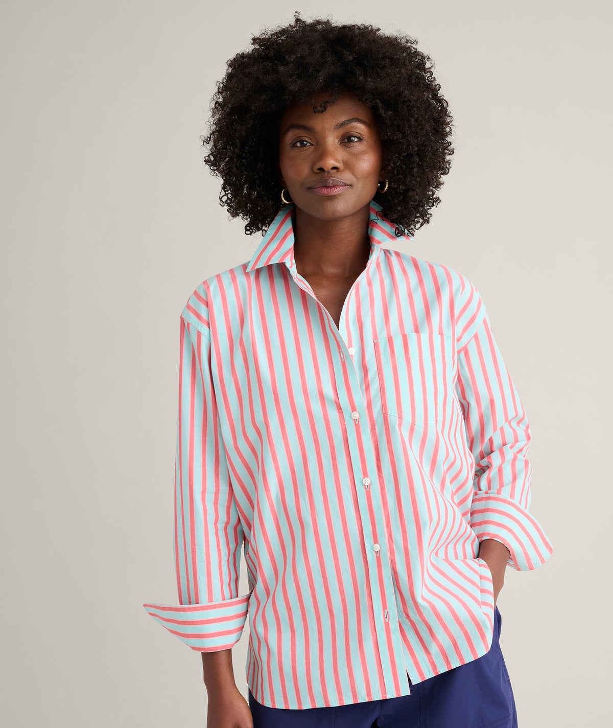 blue pink and red stripe shirt, front view