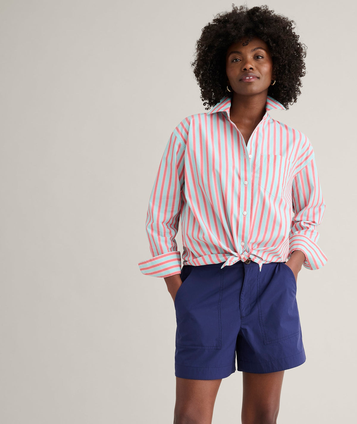 blue pink and red stripe shirt, detail view