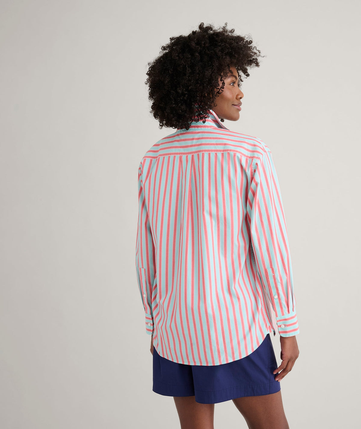blue pink and red stripe shirt, back view