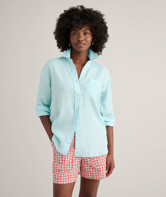 blue relaxed linen shirt, front view