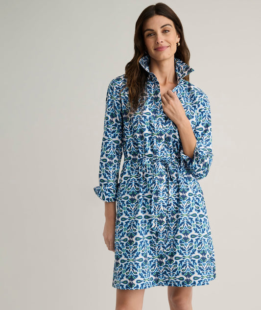 blue tailored shirtdress, front view