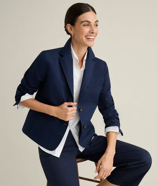 blue tailored twill blazer, front view