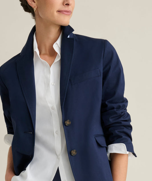 blue tailored twill blazer, side view