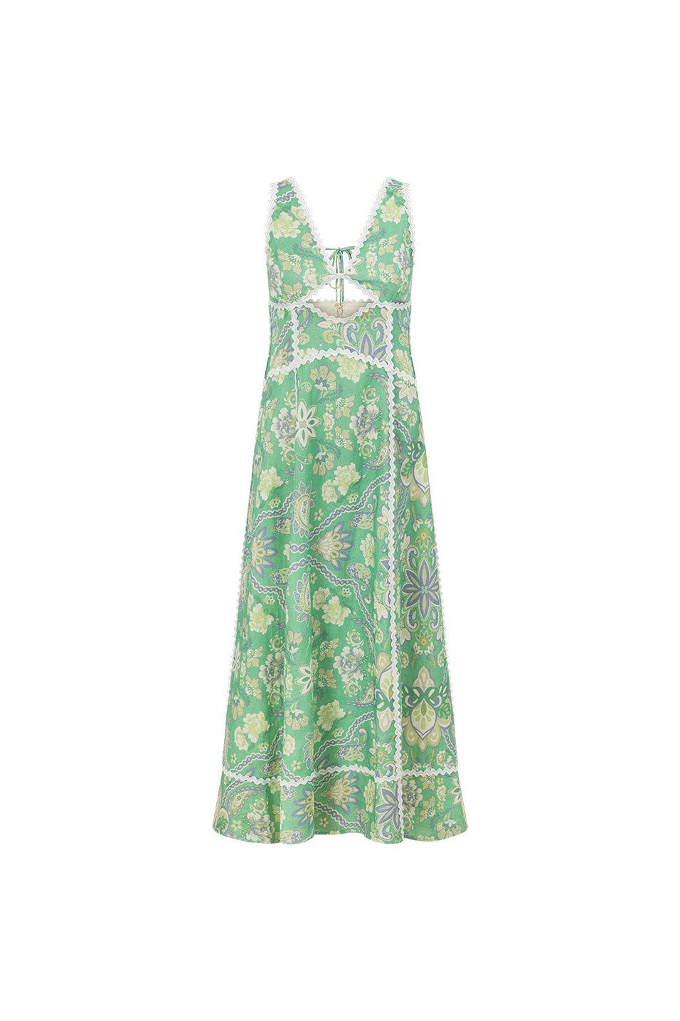 Green maxi dress with an open back, detail view
