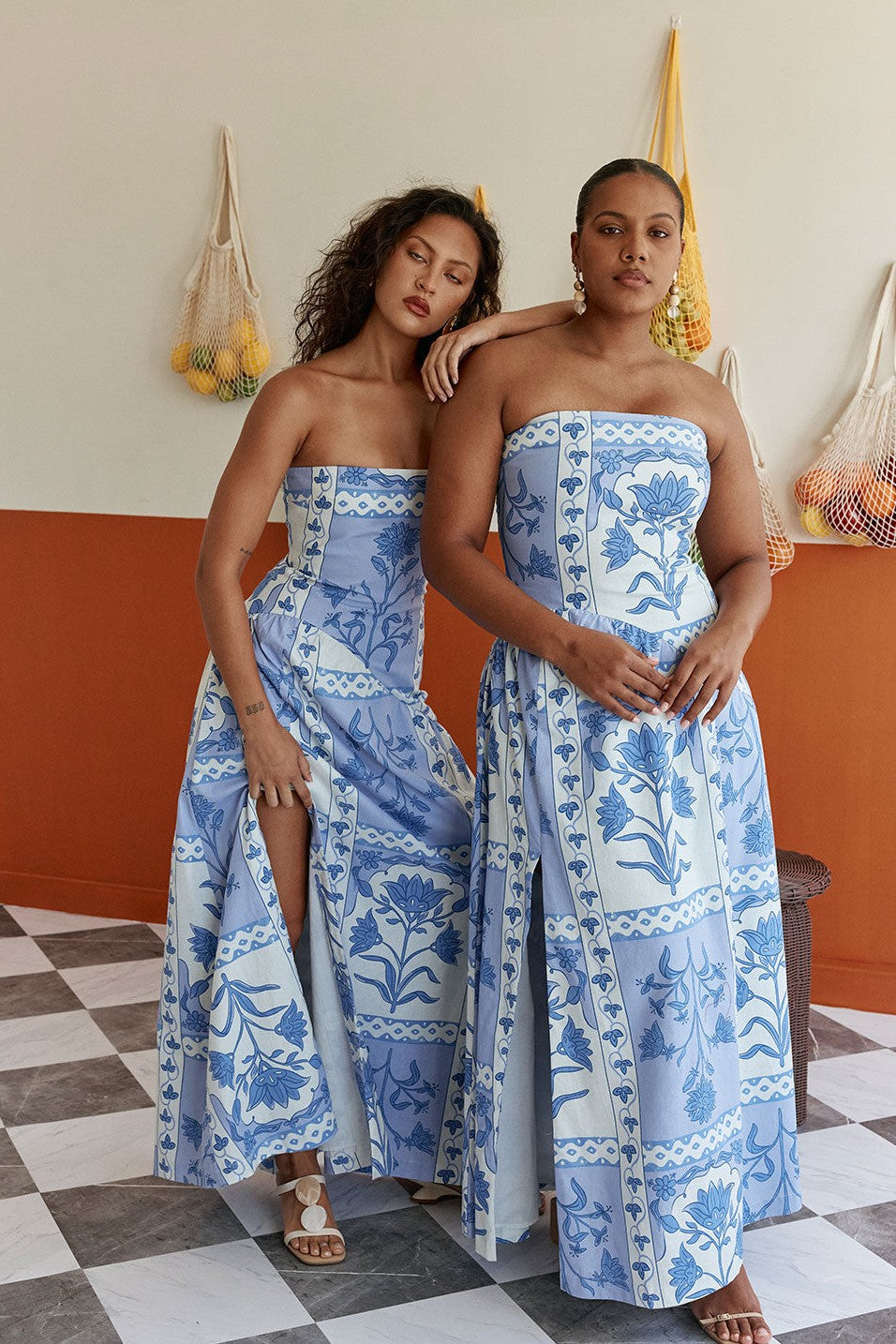 Blue maxi dress with a strapless neckline, front view