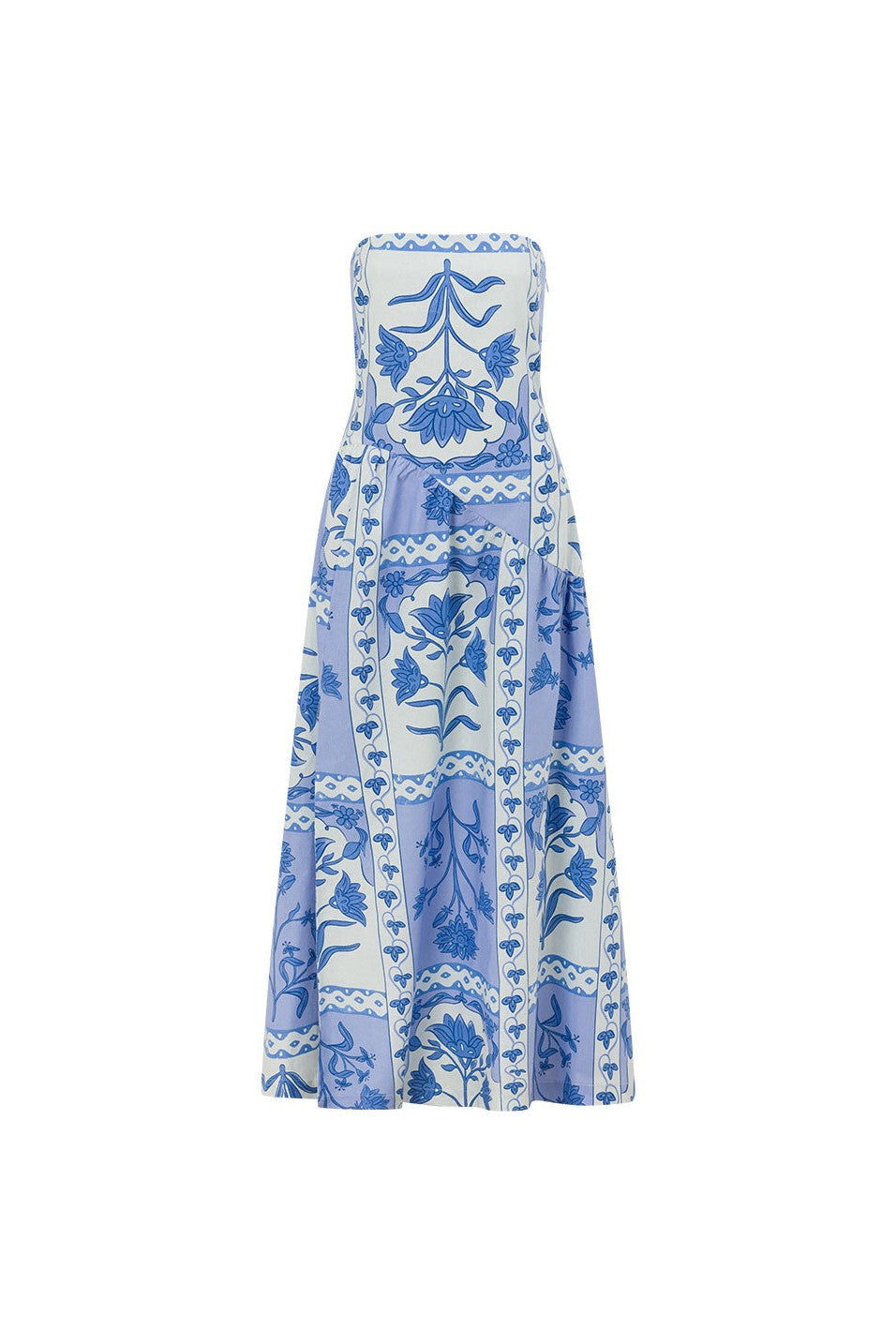 Blue maxi dress with a strapless neckline, back view