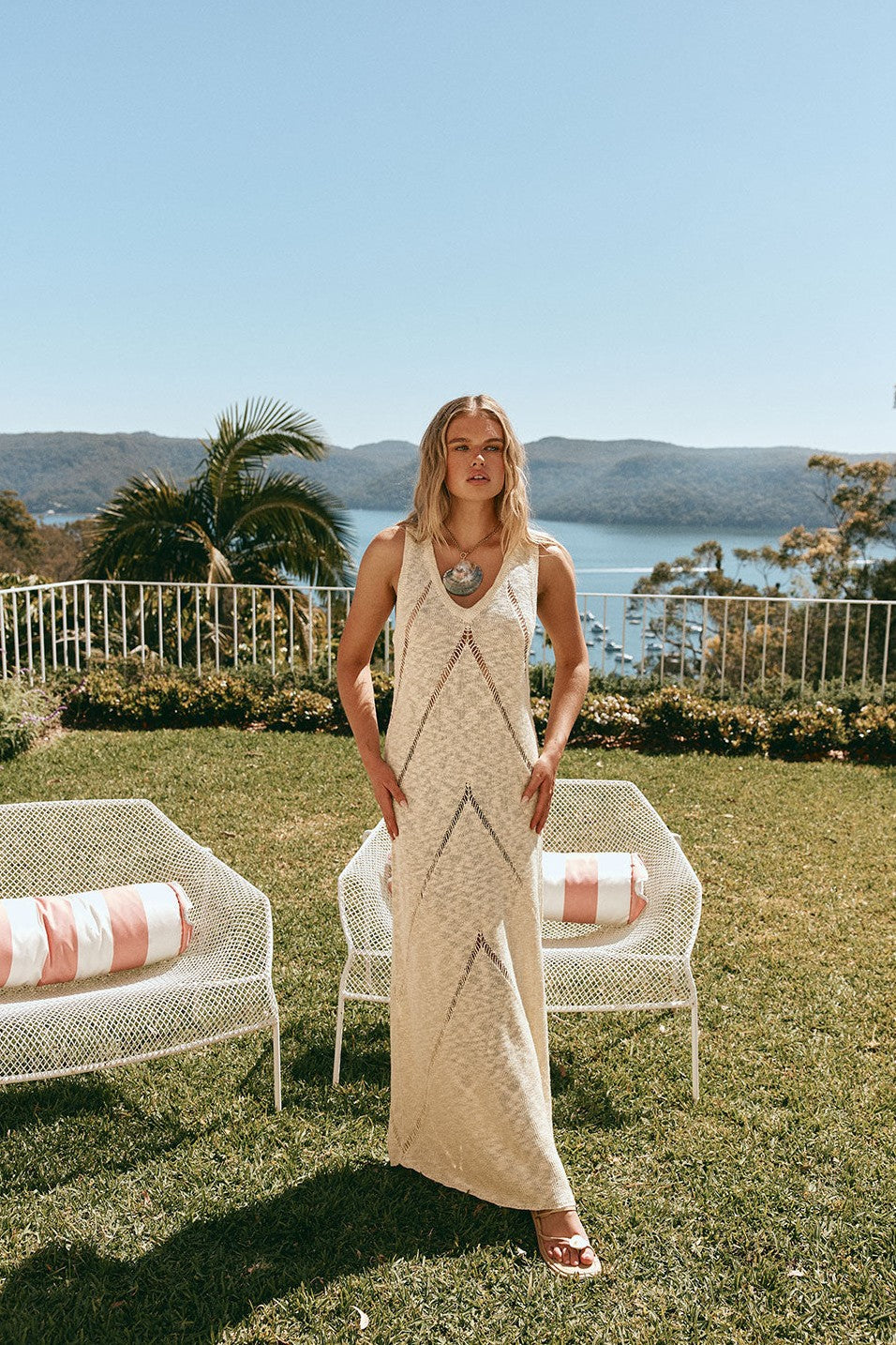Yellow maxi dress with a strapless neckline, back view