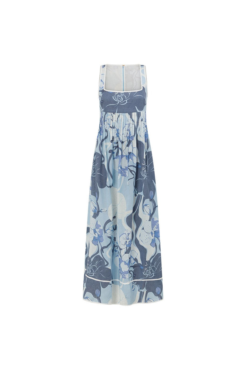 Blue maxi dress with an A-line skirt, front view