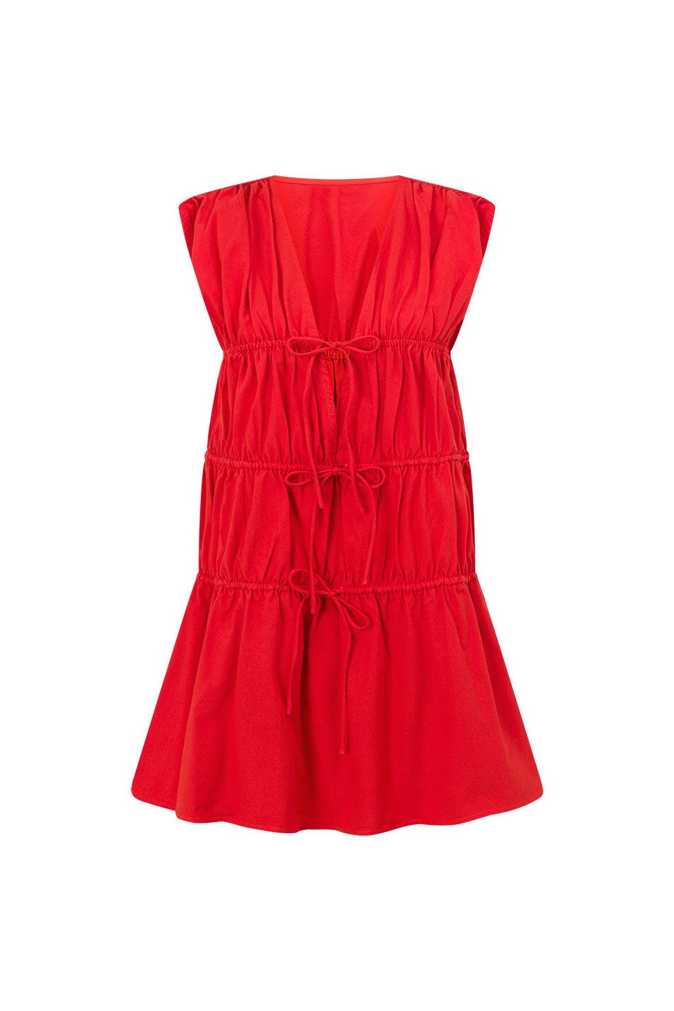 Red mini dress with a V neckline, back view
