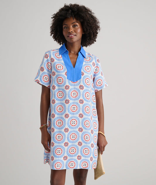 collared tile print dress, front view