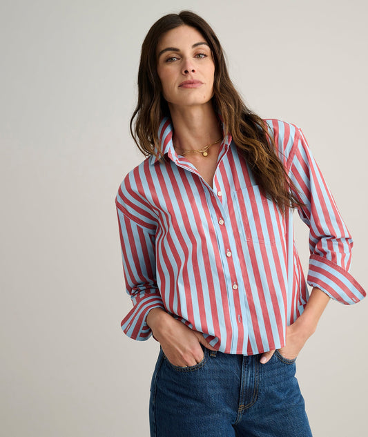 blue cropped cotton shirt, front view