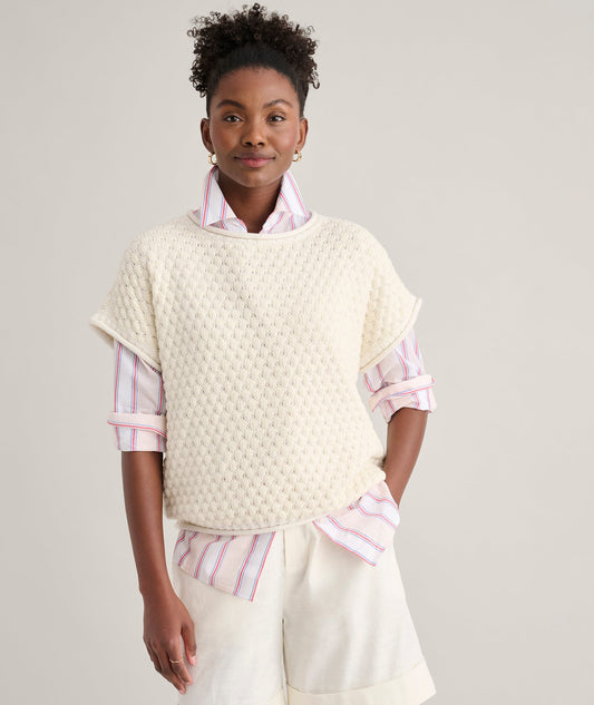 cream open knit sweater, front view