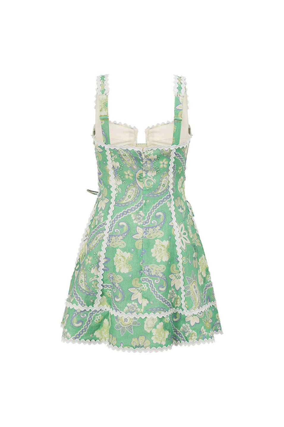 Green mini dress with an A-line skirt, detail view