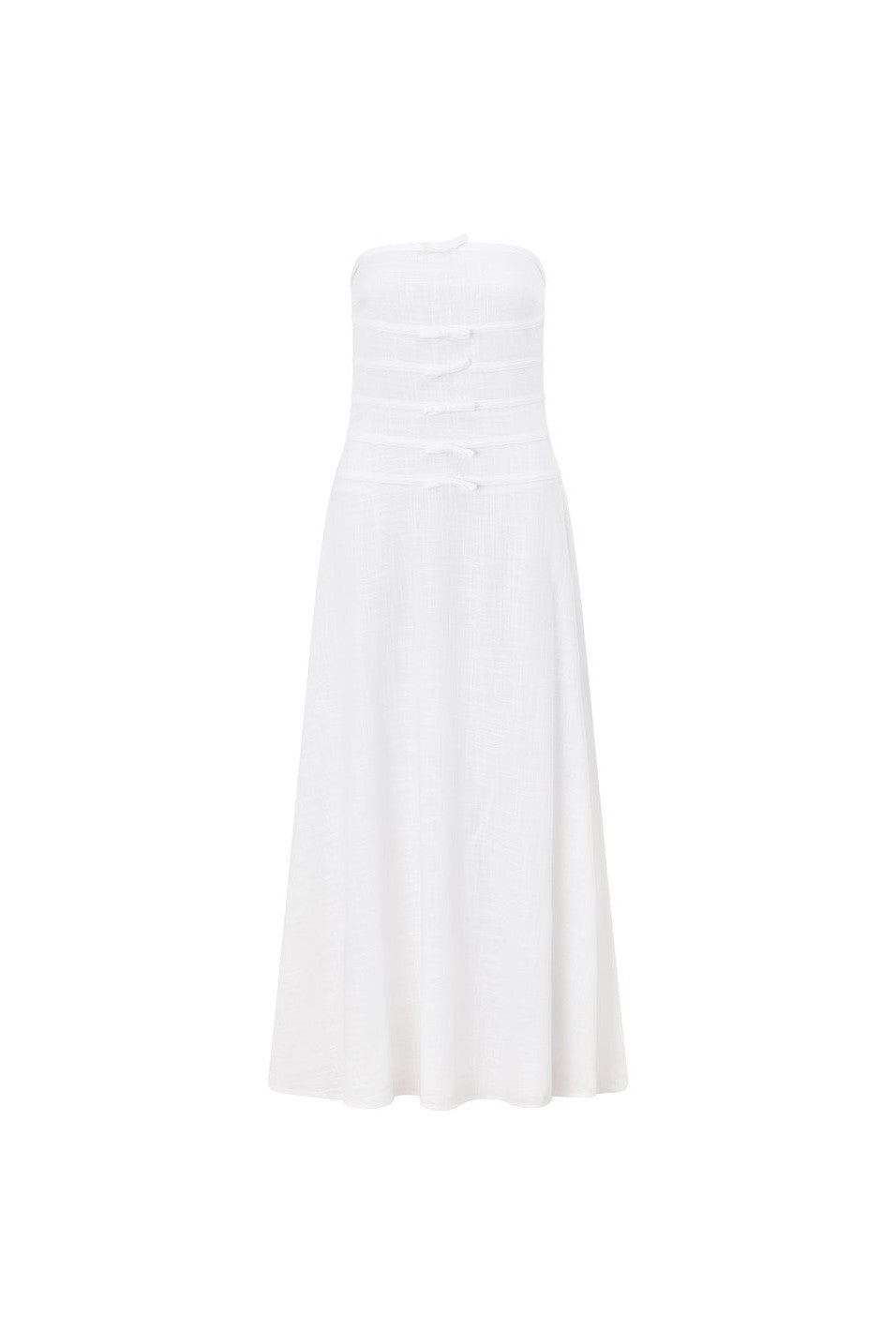 White maxi dress with a strapless neckline, back view