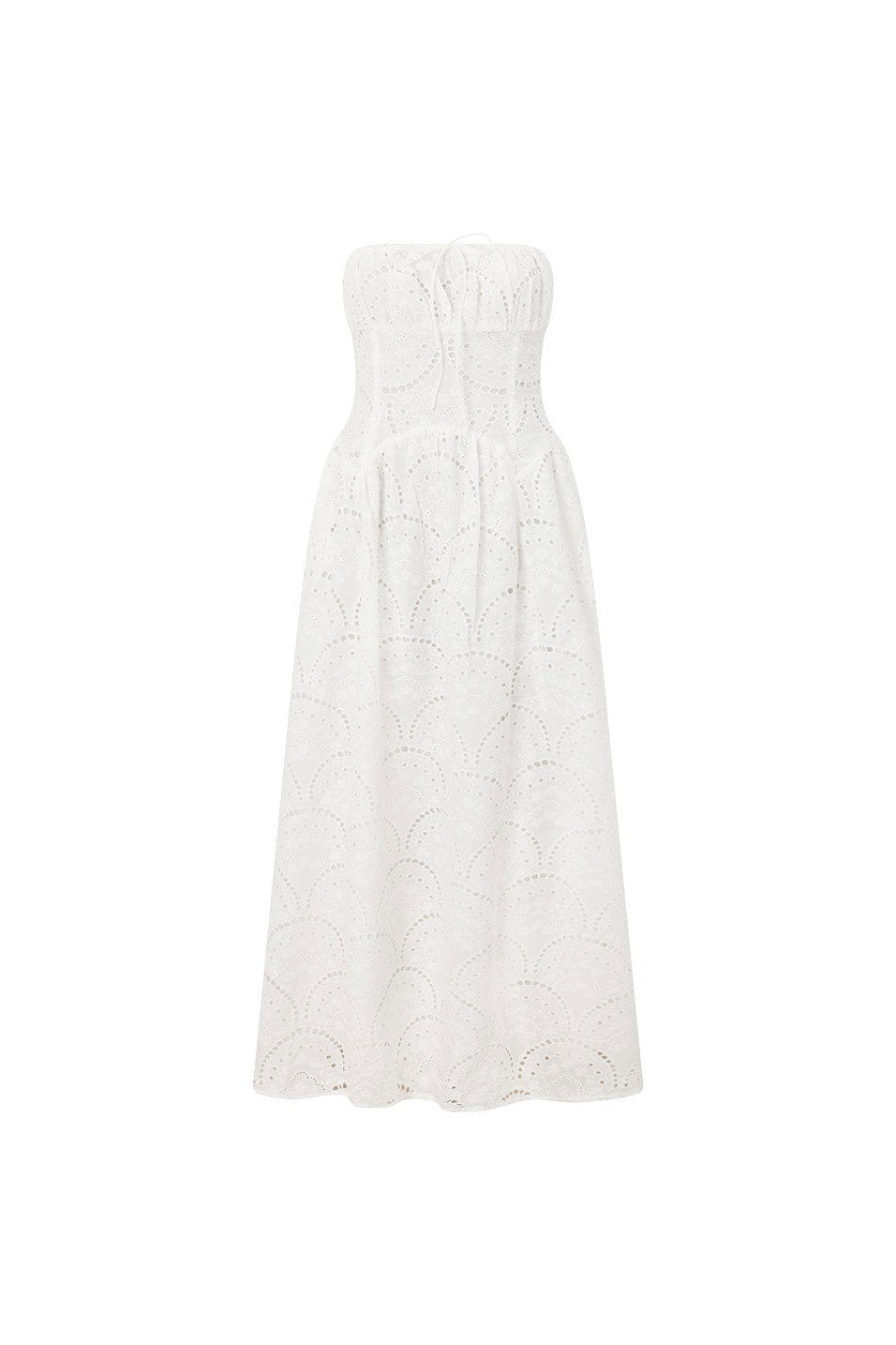White maxi dress with a strapless neckline, detail view