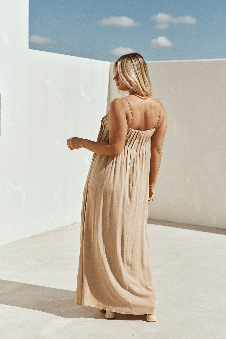 Tan maxi dress, front view