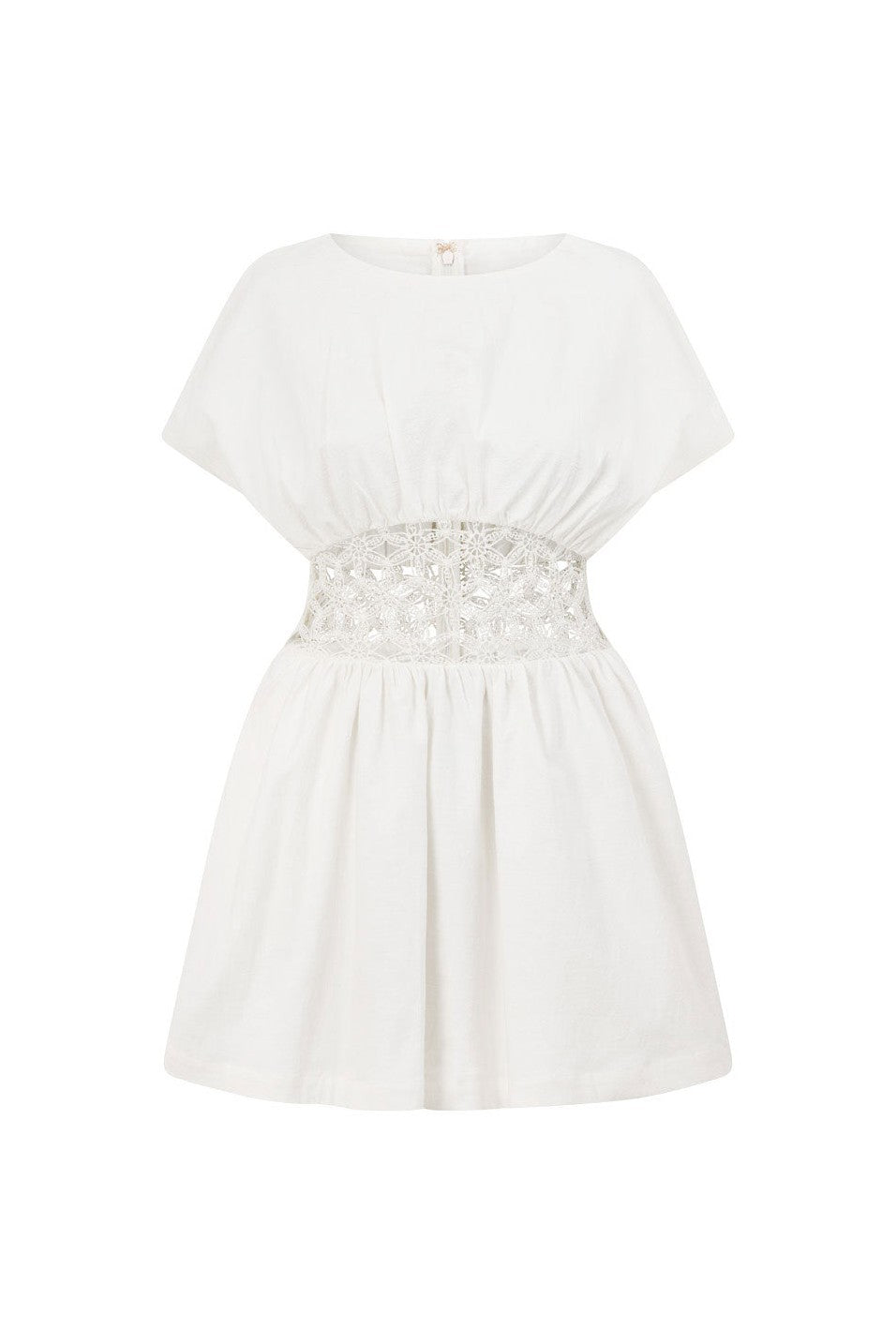 White mini dress with a boat neckline, styled on model