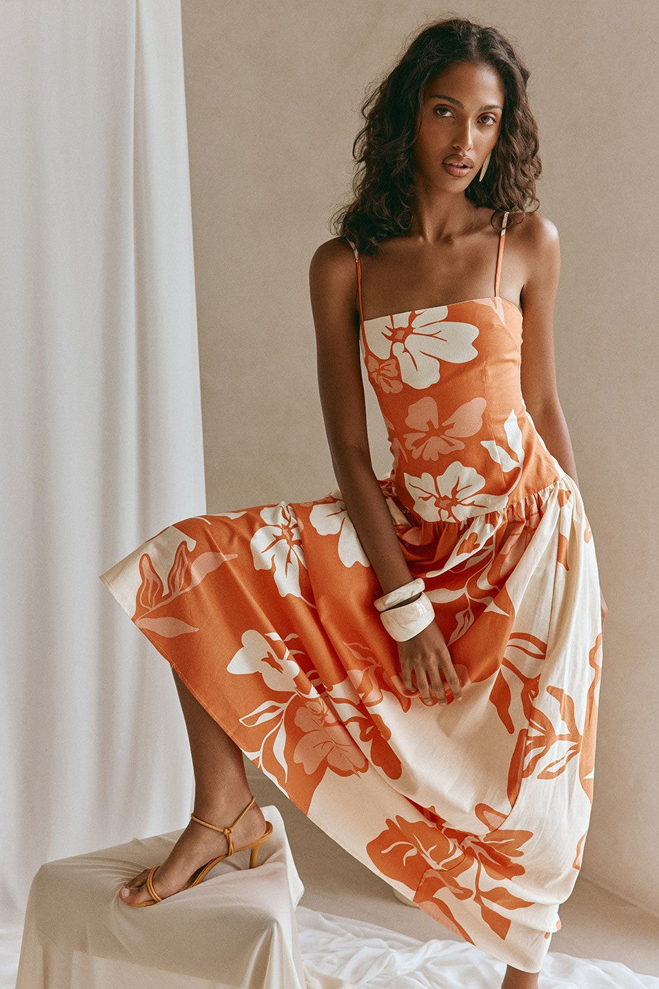 Orange maxi dress, side view