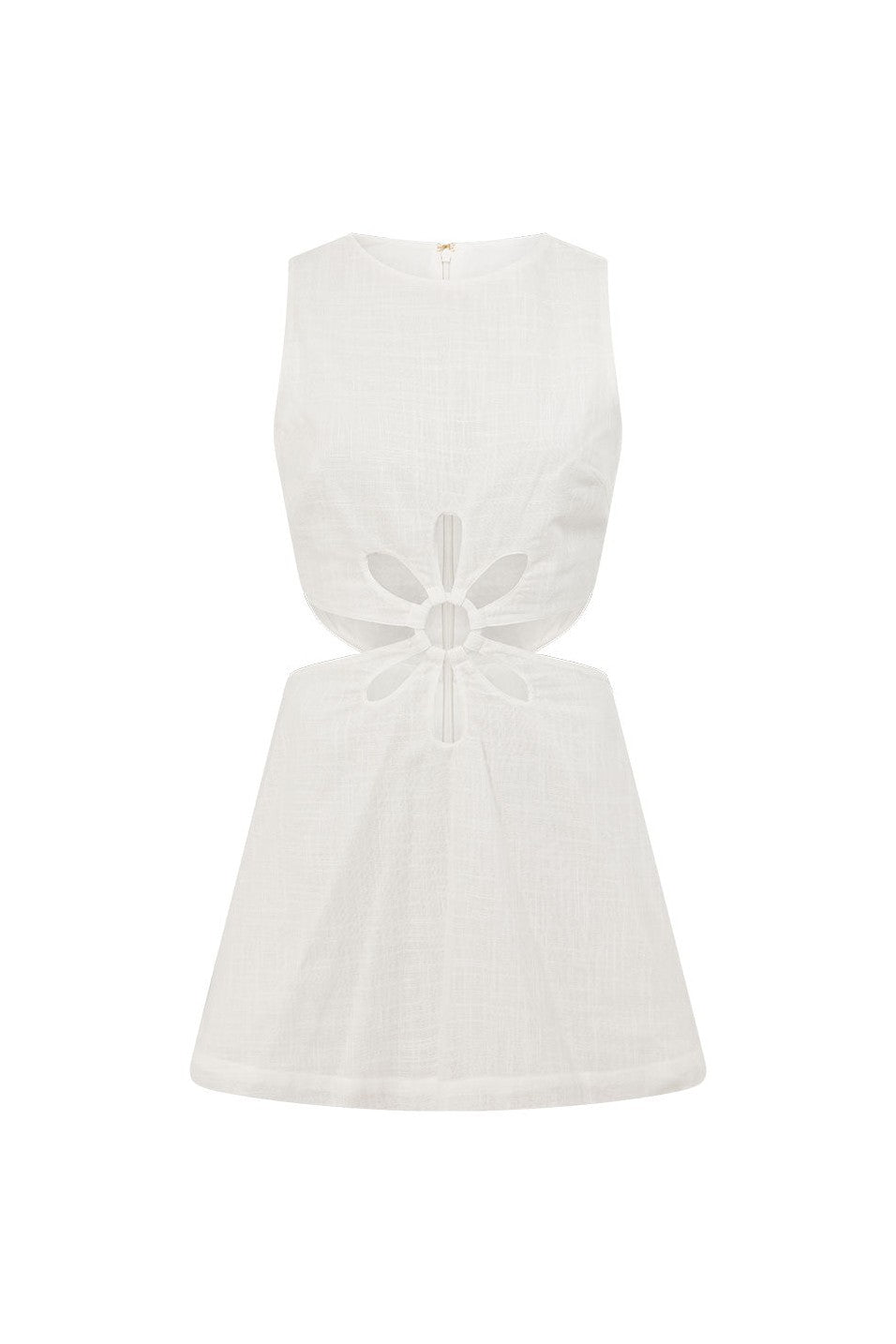 White mini dress with a boat neckline, side view
