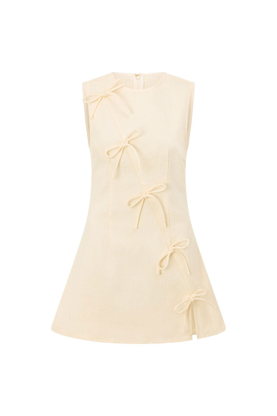 Cream mini dress with an A-line skirt, side view