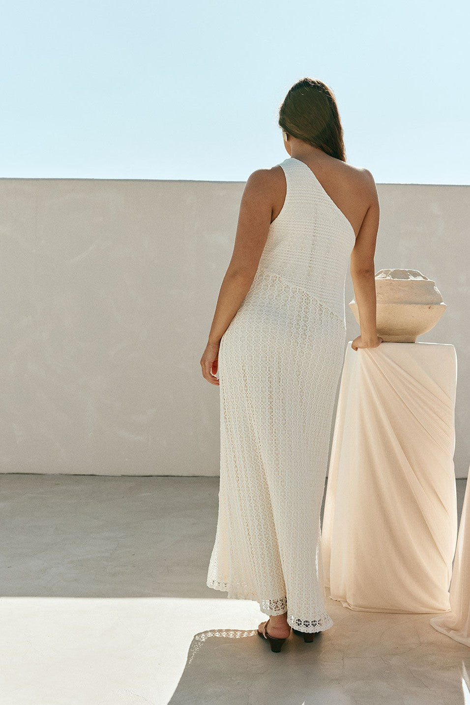 Cream maxi dress with an A-line skirt, front view