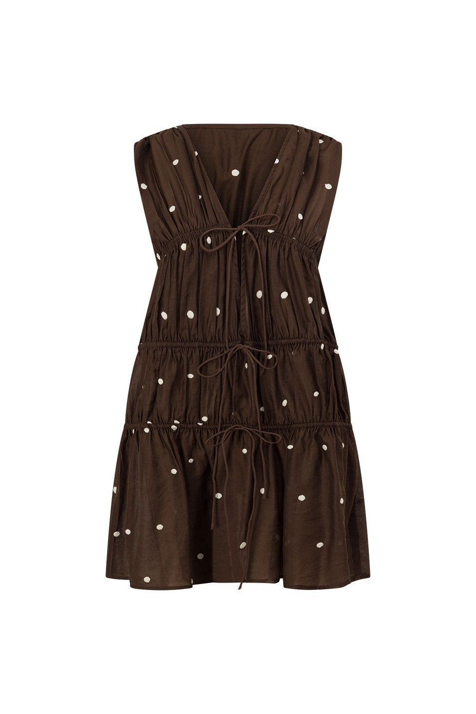 Brown mini dress with a V neckline, back view